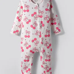 Bonfino 100% Cotton Knit Full Sleeves Front Open Footed Sleep Suit with Bow & Cherry Print - White-picture-32