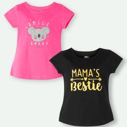 Ariel Cotton Knit Pack Of 2 Half Sleeves Koala Embroidered & Typography Printed Tops - Pink & Black-picture-20