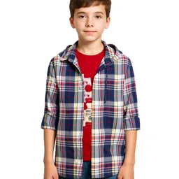 CAVIO Cotton Woven Full Sleeves Checked Hooded Shirt & Puzzle Pieces Printed Tee Set - Navy Blue-picture-20