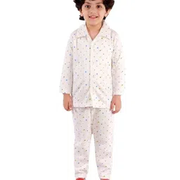 Superminis Cotton Knit Full Sleeves Hearts & Stars Printed Night Suit Set - White-picture-10