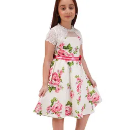 Cutecumber Half Sleeves Floral Printed & Lace Detailed Dress - Cream image 4