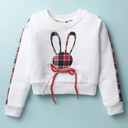 Tiara Fleece Knit Full Sleeves Bunny Face Printed & Bow Applque Detailed Sweatshirt With Pleated Skirt & Bag Set - Red image 4