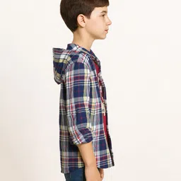 CAVIO Cotton Woven Full Sleeves Checked Hooded Shirt & Puzzle Pieces Printed Tee Set - Navy Blue image 4