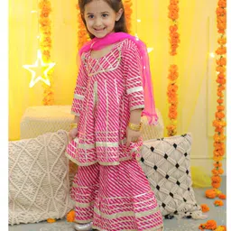 Bownbee Three Fourth Sleeves Leheriya Designed & Gota Lace Embellished Coordinating Pure Cotton Kurta & Sharara Set - Pink image 5
