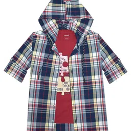 CAVIO Cotton Woven Full Sleeves Checked Hooded Shirt & Puzzle Pieces Printed Tee Set - Navy Blue image 5