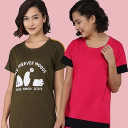 Christy World Women Pack Of 2 Colourblocked Round Neck Longline Cotton T-shirt-picture-17