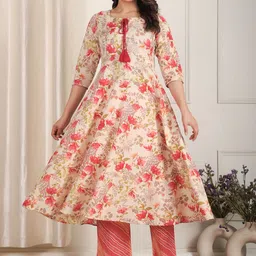 Aramya Women Floral Printed Panelled Pure Cotton Kurta with Trousers-image-42