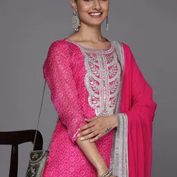 Varanga Women Floral Yoke Design Bandhani Kurta with Trousers & Dupatta-picture-35