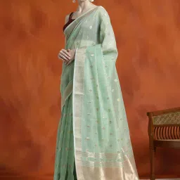 Jaipur Kurti Green Woven Saree With Unstitched Blouse image 3