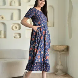 DECKEDUP Blue Cotton Floral A-Line Dress image 3