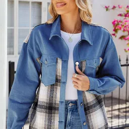 StyleCast Women Checked Denim Jacket with Patchwork image 2