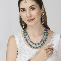 OOMPH Green Stones Silver Tone Double Layer IndoWestern Long Necklace & Bracelet Set image 3