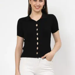 Kalt Black Self Design Short Sleeves Top-picture-15