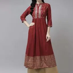 Yufta Red Embellished A Line Kurta-image-0