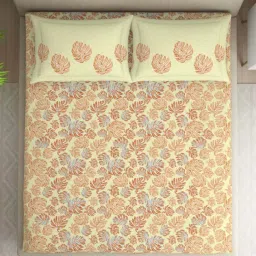 Spaces Tropica Light Yellow & Red 100% Cotton 132 TC Double Bedsheet with 2 Pillow Covers image 3