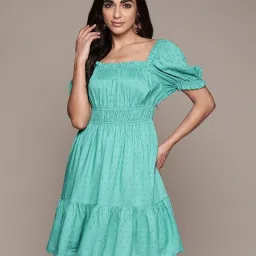 Label Ritu Kumar Aqua Solid Fit & Flare Short Dress image 3