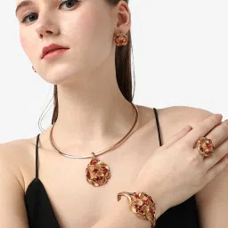 SOHI Gold Plated Designer Stone Necklace, Earring, Ring and Bracelet Set For Women image 3