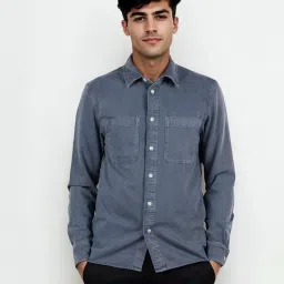 celio celio* Blue Storm Solid Regular Fit Cotton Denim Shirt image 3