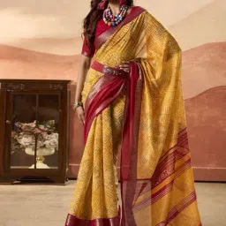 Satrani Yellow Cotton Blend Printed Saree With Unstitched Blouse-image-31