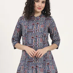 Divena Women Cotton Printed Mandarin Collar Roll-Up Sleeves Shirt Style Longline Top-picture-54