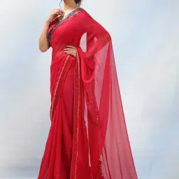 MAHALASA Red Embellished Saree With Unstitched Blouse image 3