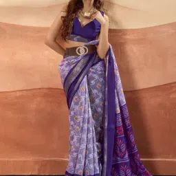 Satrani Purple Cotton Blend Printed Saree With Unstitched Blouse-picture-29