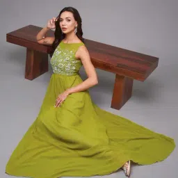 Miss Chase Lemon Green Georgette Embroidered Sleeveless Dress image 5