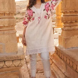 Indo Era Floral Embroidered Beads And Stones V-Neck A-Line Pure Cotton Kurta With Trousers image 3
