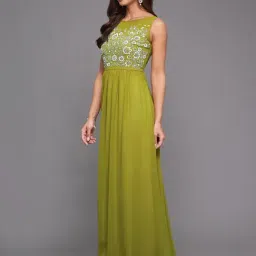 Miss Chase Lemon Green Georgette Embroidered Sleeveless Dress image 4