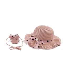 JENNA Girls Polka Dot Self Design Bow Sun Hat & Sling Bag-image-53