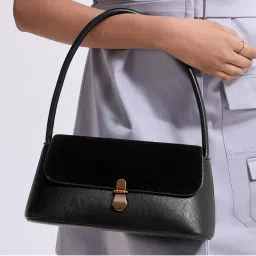 Twenty Dresses by Nykaa Fashion Black Structured Faux Suede Women's Baguette Handbag-picture-11