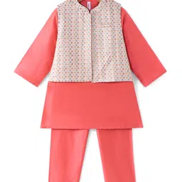 Babyhug Woven Full Sleeves Solid Kurta Pyjama Set With Mirror Embroided Jacket  -Red-image-30