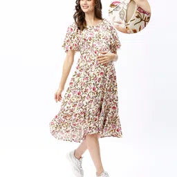 Bella Mama Women Flutter Sleeve Floral Printed Maternity Dress with Pocket - Off White-image-97