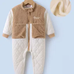 Kookie Kids Full Sleeves Front Open Winter Wear Fur Romper with Text Embroidery - Tan-picture-14