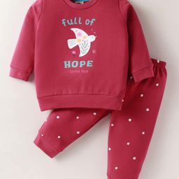 Zero Female Fleece Knit Full Sleeves Winter Wear T-Shirt & Lounge Pant Set Text & Bird Print - Wine-picture-15