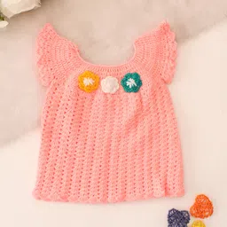 Woonie Hand Knitted Cap Sleeves Floral Embroidered Crochet Dress - Peach-picture-27