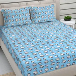 FABINALIV Sky Blue Cartoon Print Woollen King Size Double Bedsheet with 2 Pillow Covers-picture-23