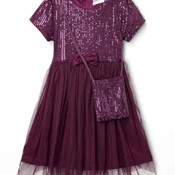 kookie kids india Kookie Kids Woven Half Sleeves Party Dress With Sequin Detailing Bow Applique & Sling Bag - Wine-picture-38