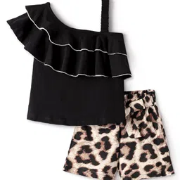 CrayonFlakes Cotton Sleeveless Layered Top & Animal Printed Shorts Set - Black-picture-15