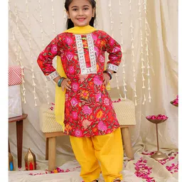 KID1 Cotton Woven Full Sleeves Floral Printed Lace Embellished Salwar Kurta With Dupatta Set - Red-picture-25