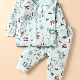 CUCUMBER Sinker Knit Full Sleeves Co-Ord Night Suit with Vehicle Print - Light Blue-picture-12