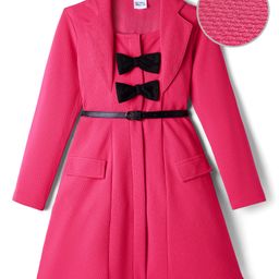 Hola Bonita Knit Full Sleeves Solid Colour Textured Design Shirt Dress With Belt & Bow Applique - Pink-picture-12