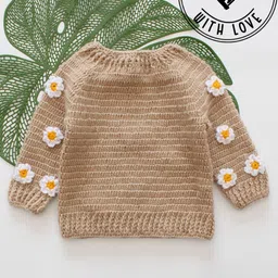 Woonie Hand Knit Full Sleeves Floral Designed Crochet Sweater - Beige-picture-34