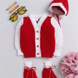 Little Angels Wool Knit Full Sleeves Textured Cardigan Cap & Socks Set - Red-picture-13