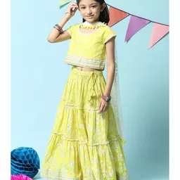 BIBA Half Sleeves Floral Motif Embellished & Printed Choli With Tiered Lehenga Set - Yellow image 4