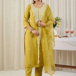 Indo Era Ethnic Motifs Embroidered Thread Work Straight Kurta With Trousers & Dupatta image 2