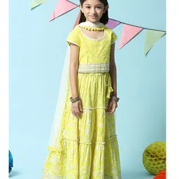 BIBA Half Sleeves Floral Motif Embellished & Printed Choli With Tiered Lehenga Set - Yellow image 5