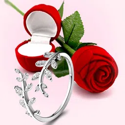 Peora Silver-Plated American Diamonds Studded Leaf Shaped Finger Ring With Rose Gift Box-image-97