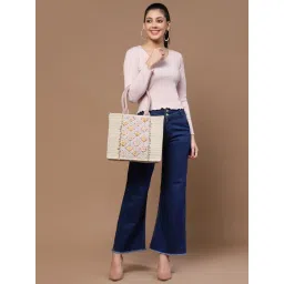 Anekaant Kooky Natural & Multi Floral Embellished Handloom Cotton Canvas Handheld Bag image 2