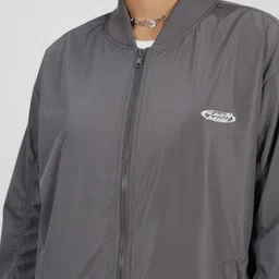 glitchez Typography Printed Stand Collar Oversized Bomber Jacket image 3